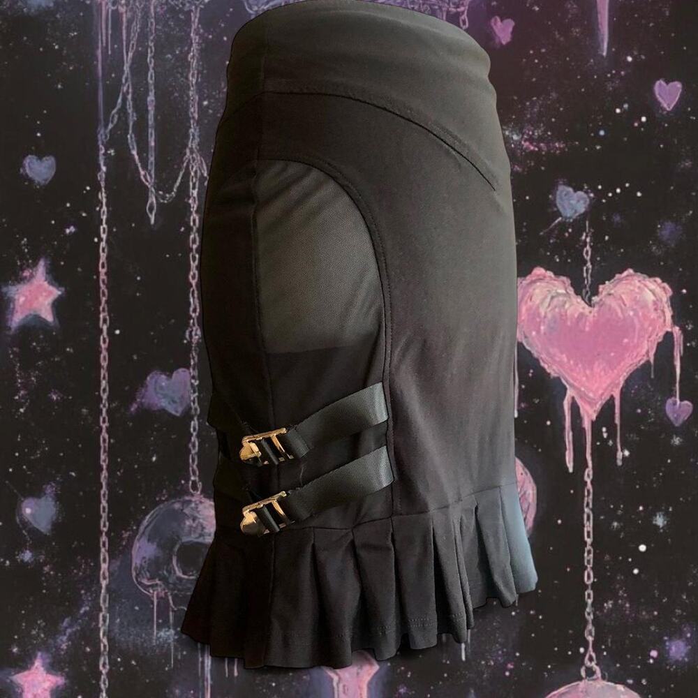 Goth pencil skirt with mesh panel and buckle detail
